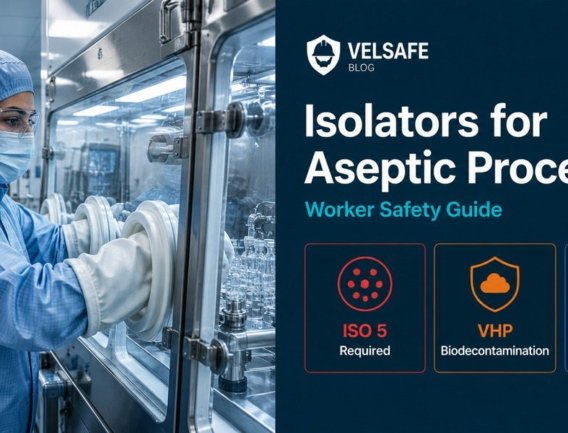 Pharmaceutical technician operating an aseptic isolator in a sterile manufacturing facility