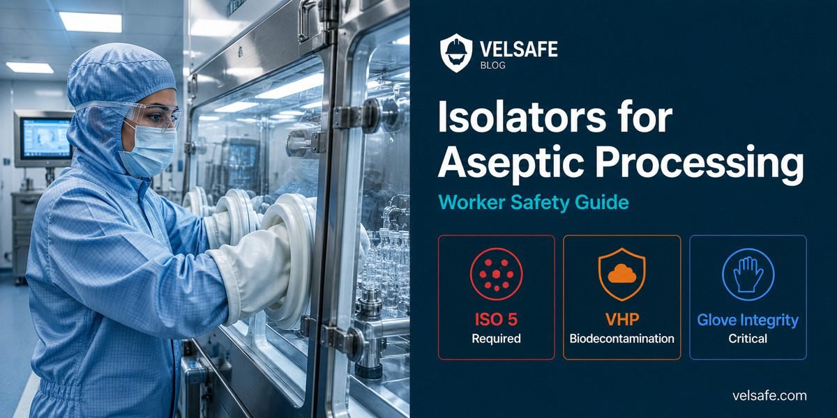 Pharmaceutical technician operating an aseptic isolator in a sterile manufacturing facility