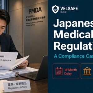 Regulatory affairs professional reviewing Japanese PMDA medical device dossier in a Tokyo office