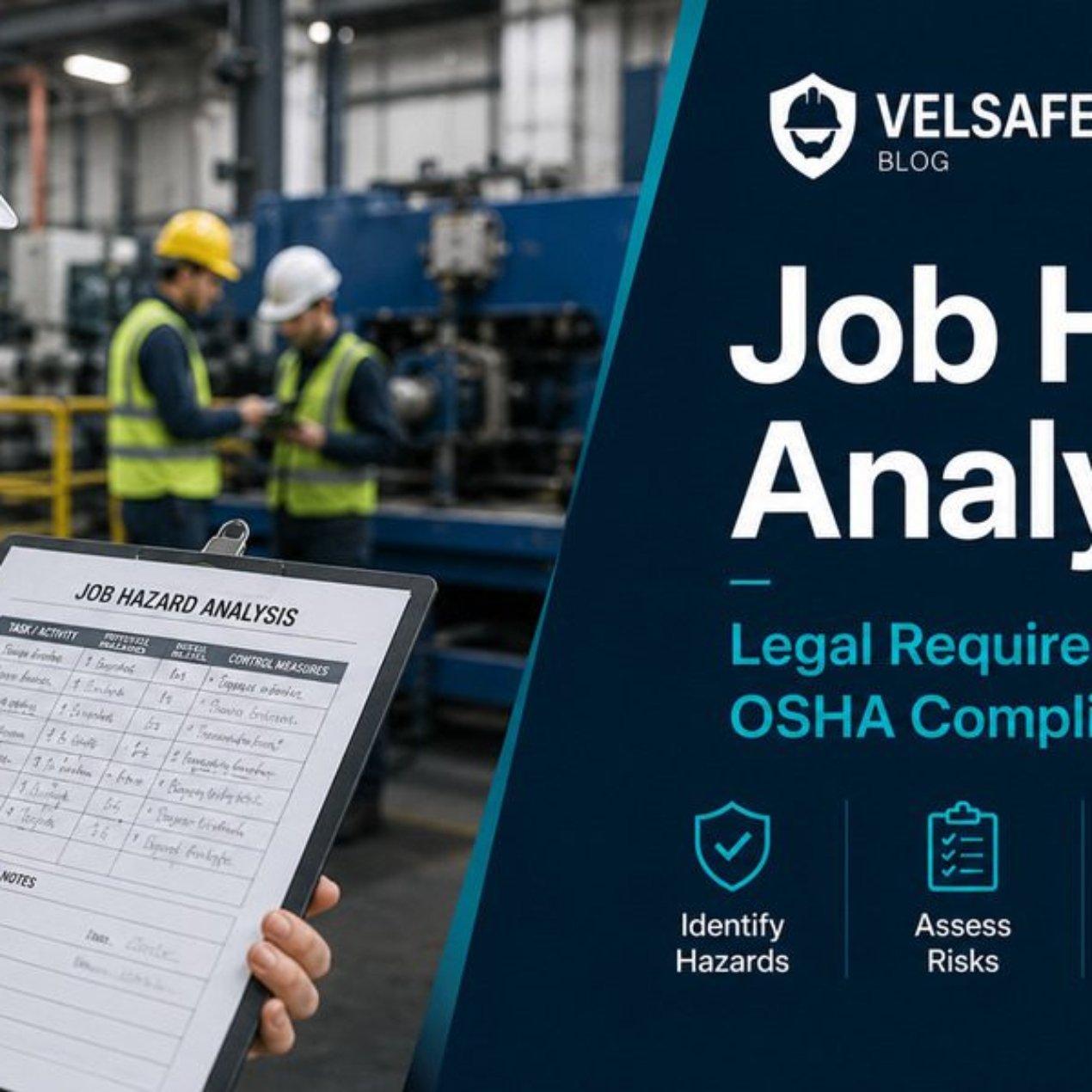 Safety manager reviewing a Job Hazard Analysis form on a clipboard at an industrial worksite