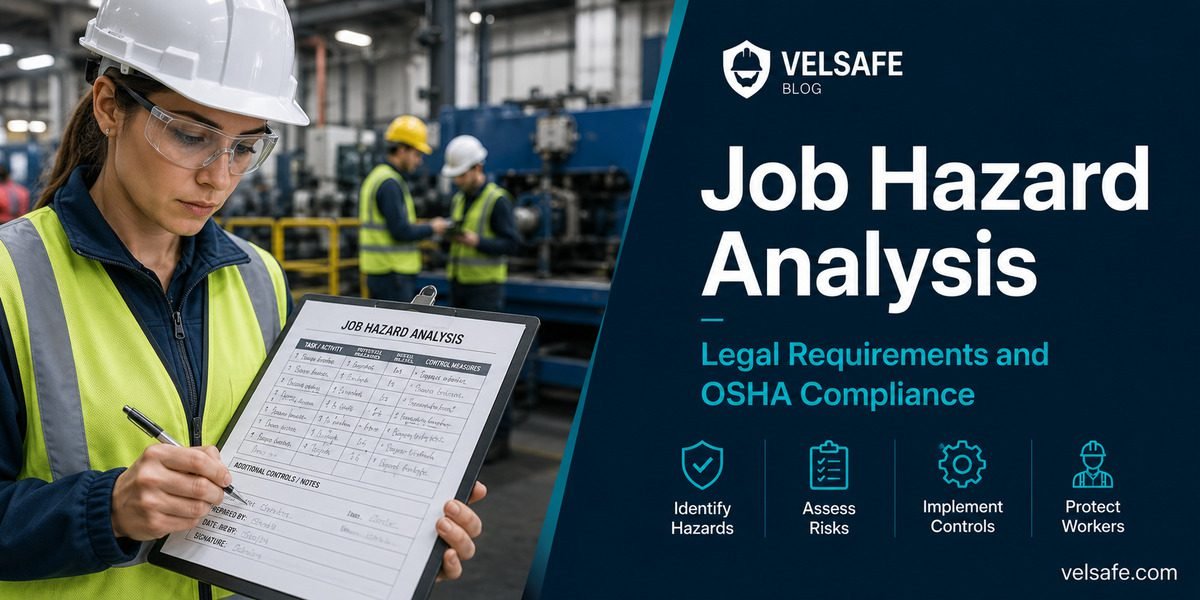 Safety manager reviewing a Job Hazard Analysis form on a clipboard at an industrial worksite