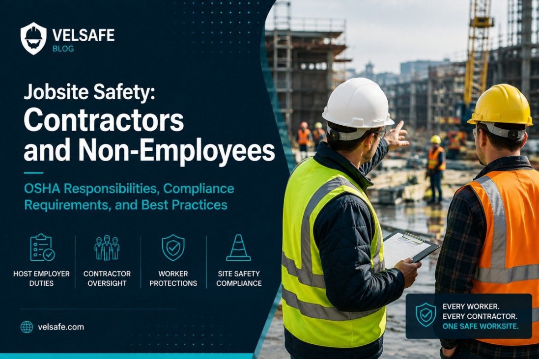 Two workers in hi-vis vests reviewing a site safety plan on an active construction jobsite with scaffolding in the background