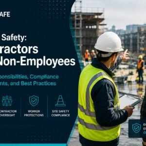 Two workers in hi-vis vests reviewing a site safety plan on an active construction jobsite with scaffolding in the background