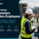Two workers in hi-vis vests reviewing a site safety plan on an active construction jobsite with scaffolding in the background