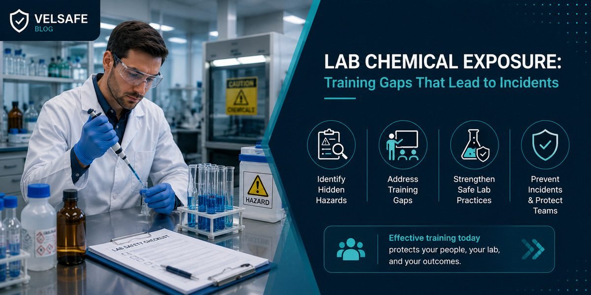 Lab worker in protective gear reviewing chemical safety data after a training gap incident