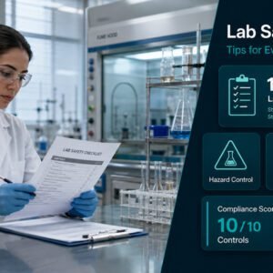 Female laboratory worker in white lab coat and safety glasses reviewing a safety checklist at a lab bench with PPE and chemical storage visible