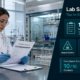 Female laboratory worker in white lab coat and safety glasses reviewing a safety checklist at a lab bench with PPE and chemical storage visible