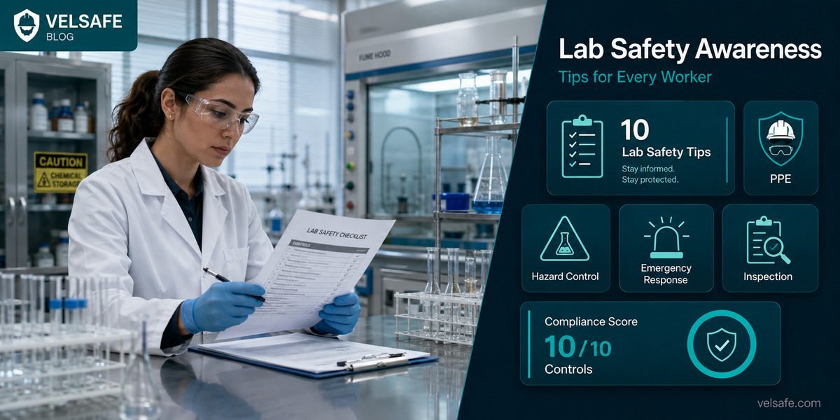 Female laboratory worker in white lab coat and safety glasses reviewing a safety checklist at a lab bench with PPE and chemical storage visible