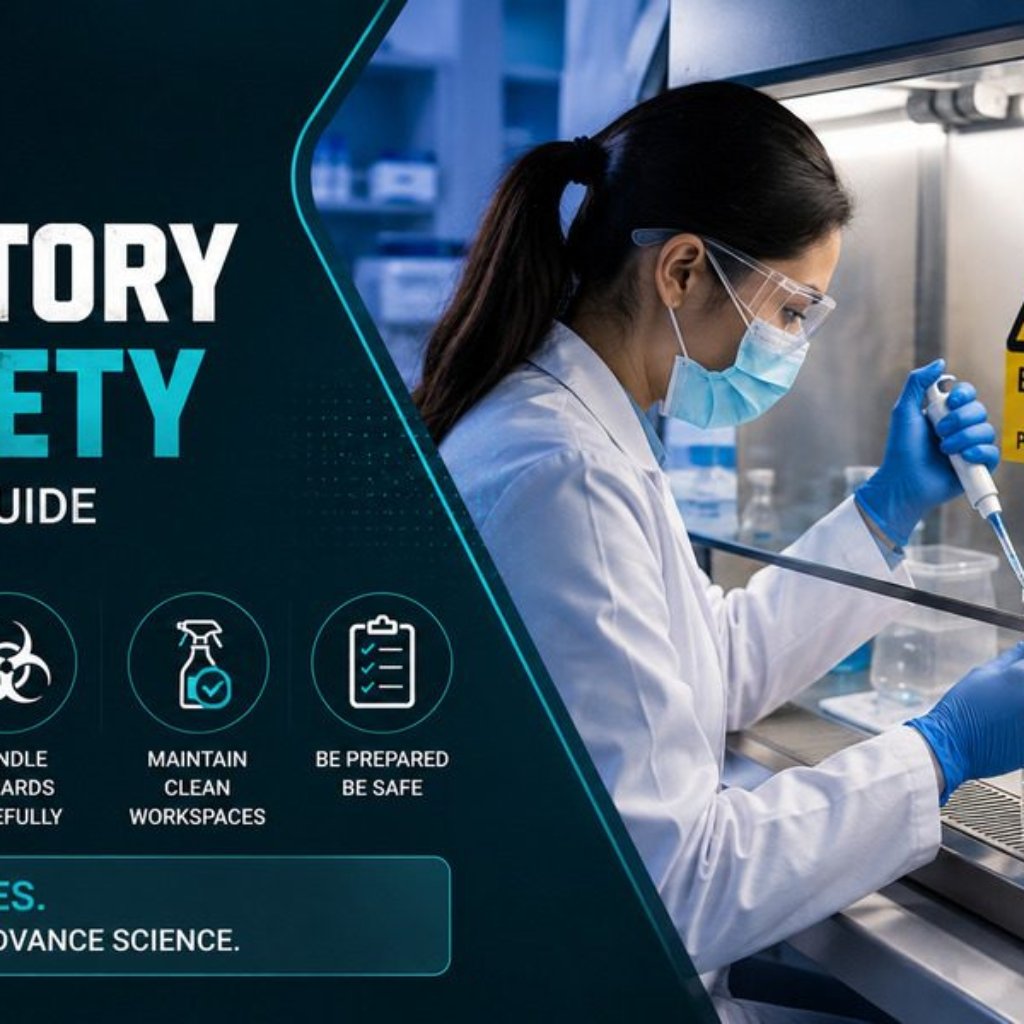 Laboratory scientist in PPE working safely inside a biosafety cabinet with biohazard warning signs visible, demonstrating proper biosafety protocols and containment procedures