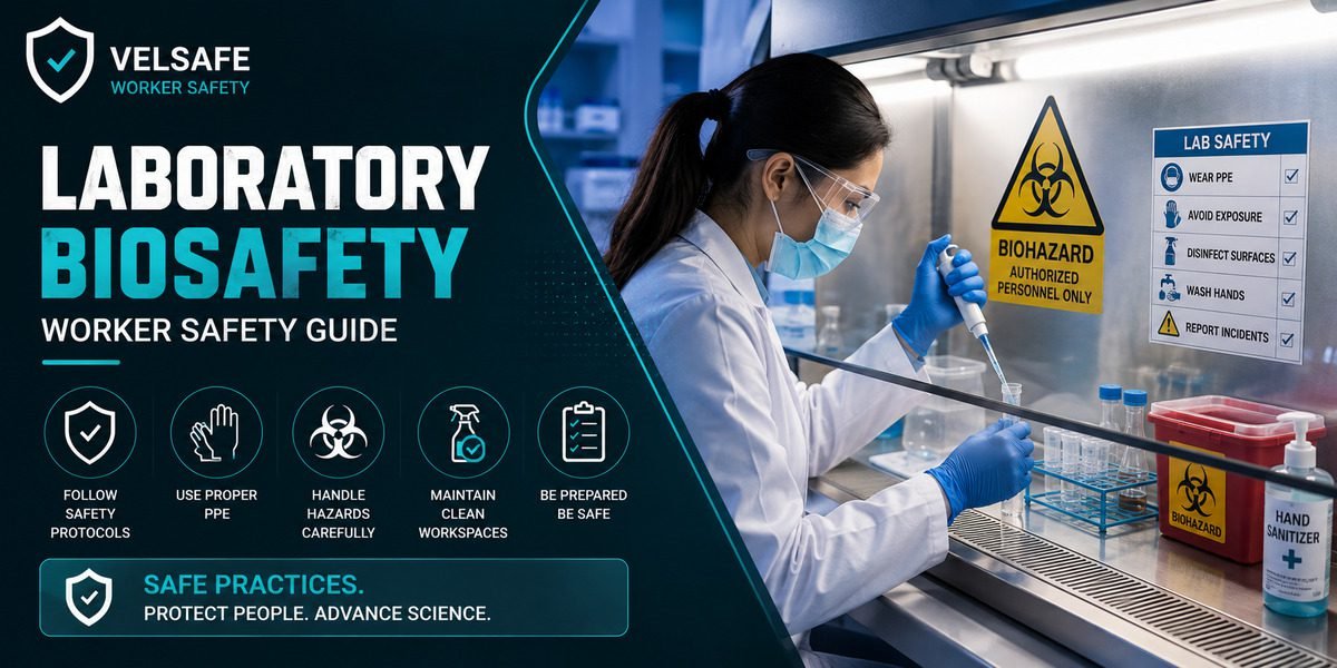 Laboratory scientist in PPE working safely inside a biosafety cabinet with biohazard warning signs visible, demonstrating proper biosafety protocols and containment procedures