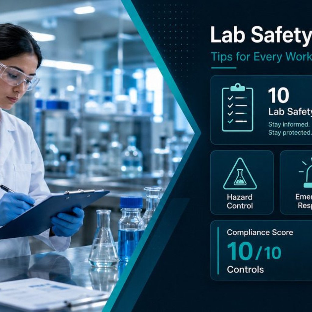 Laboratory worker in PPE reviewing biosafety procedures at a lab bench with biohazard signage visible