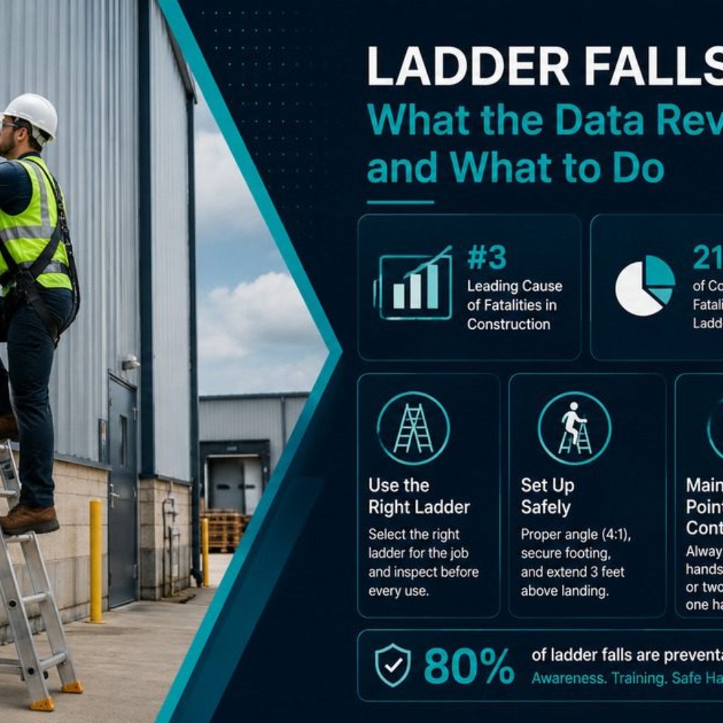 Construction worker in high-visibility vest climbing a ladder against a building exterior with ladder safety data overlay
