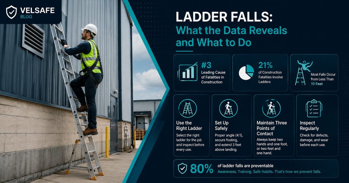 Construction worker in high-visibility vest climbing a ladder against a building exterior with ladder safety data overlay