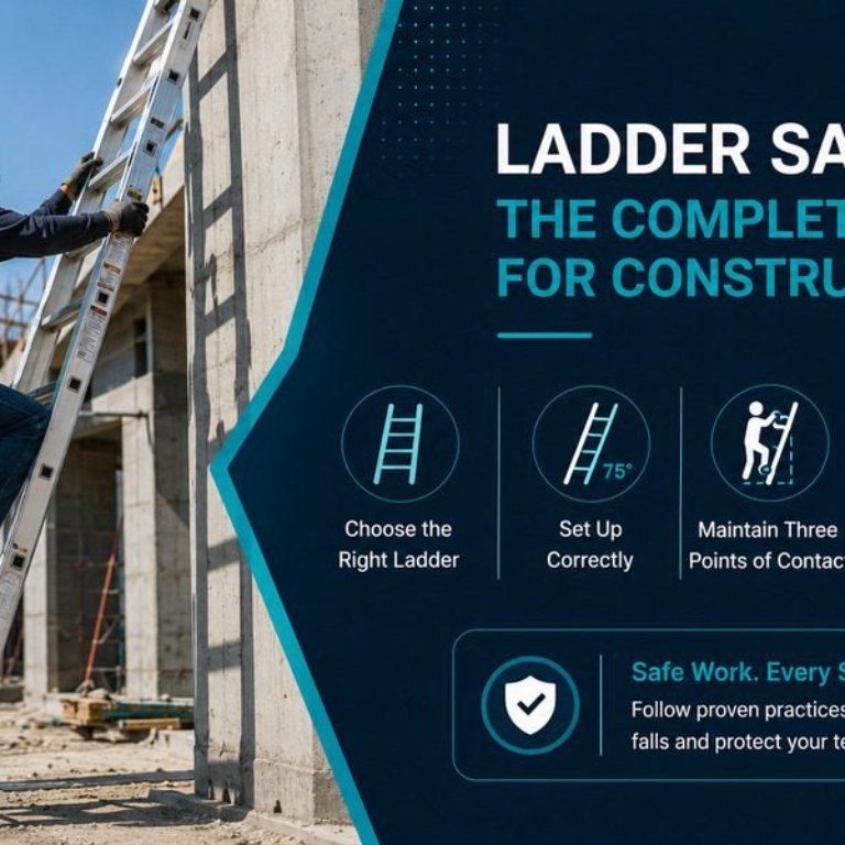 Construction worker climbing a ladder on a job site following ladder safety best practices