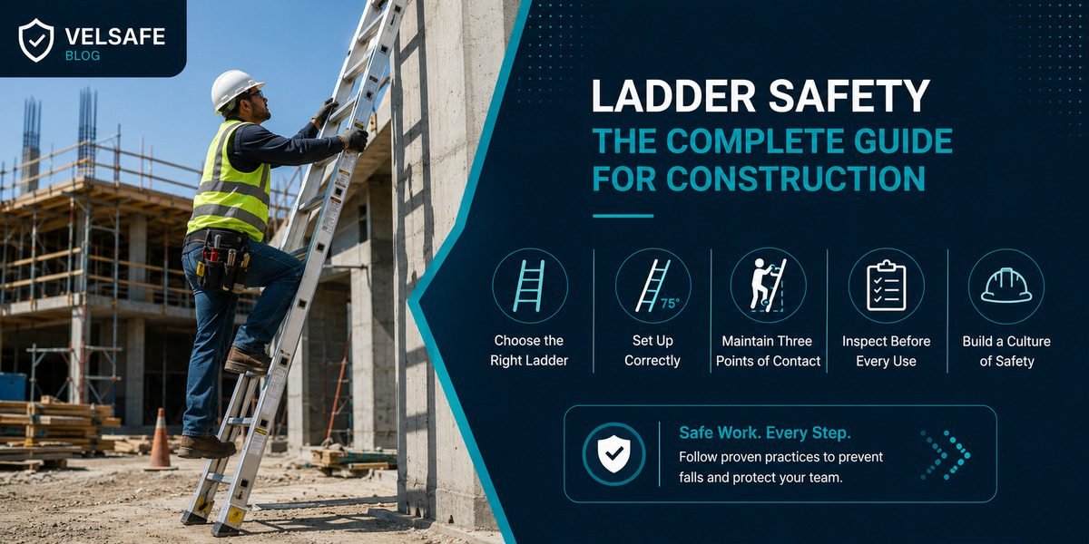 Construction worker climbing a ladder on a job site following ladder safety best practices