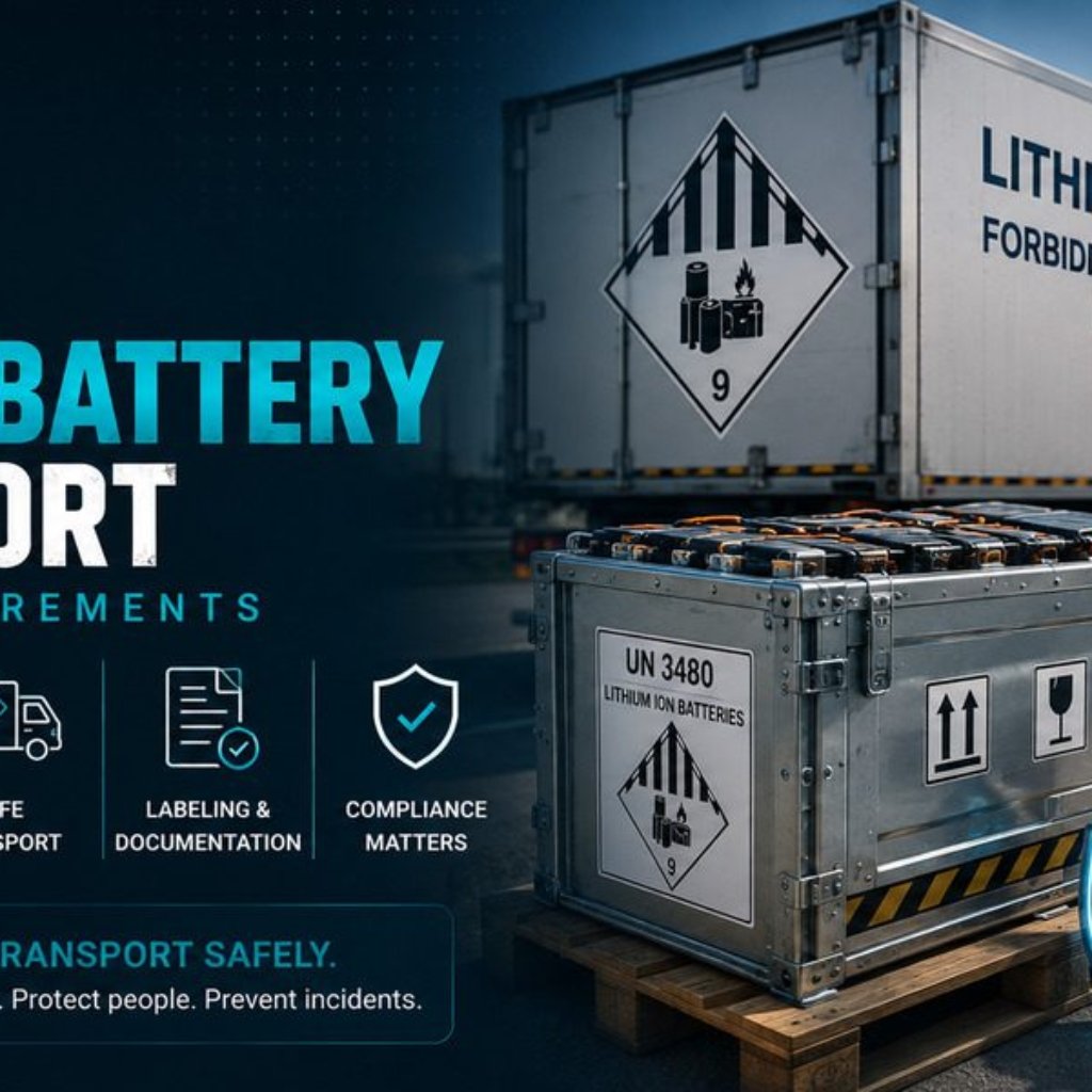 UN 3480 lithium battery shipping container on a truck with DOT compliance checklist