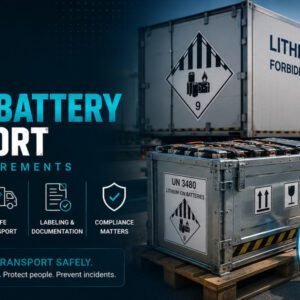 UN 3480 lithium battery shipping container on a truck with DOT compliance checklist