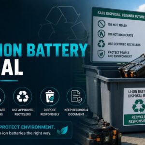 Worker in safety gear placing large lithium-ion batteries into a labeled recycling bin at a battery disposal center