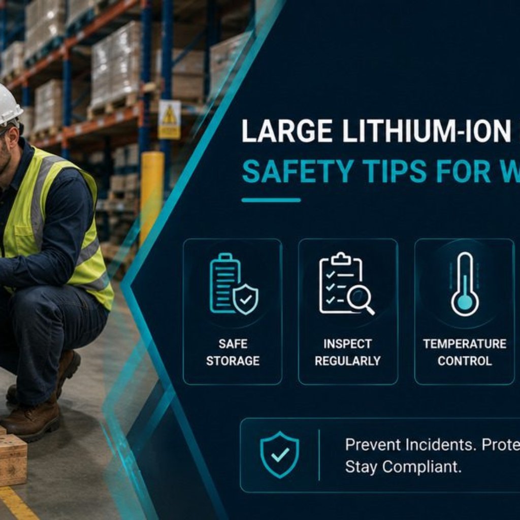 Warehouse worker in PPE inspecting a large lithium-ion battery system on a pallet in an industrial storage facility, demonstrating safe handling and inspection procedures
