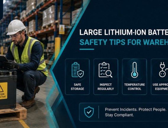 Warehouse worker in PPE inspecting a large lithium-ion battery system on a pallet in an industrial storage facility, demonstrating safe handling and inspection procedures