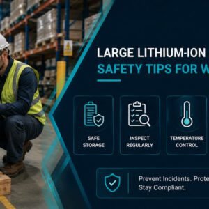 Warehouse worker inspecting large lithium-ion battery pack following safety protocols