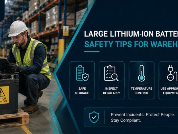 Warehouse worker inspecting large lithium-ion battery pack following safety protocols