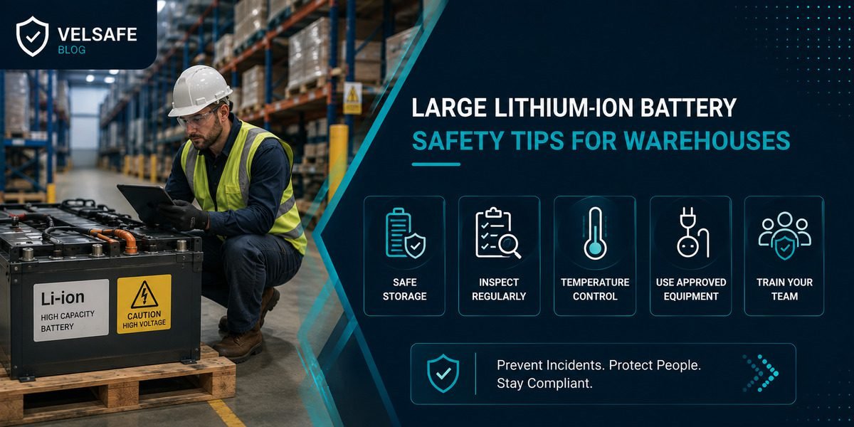 Warehouse worker inspecting large lithium-ion battery pack following safety protocols