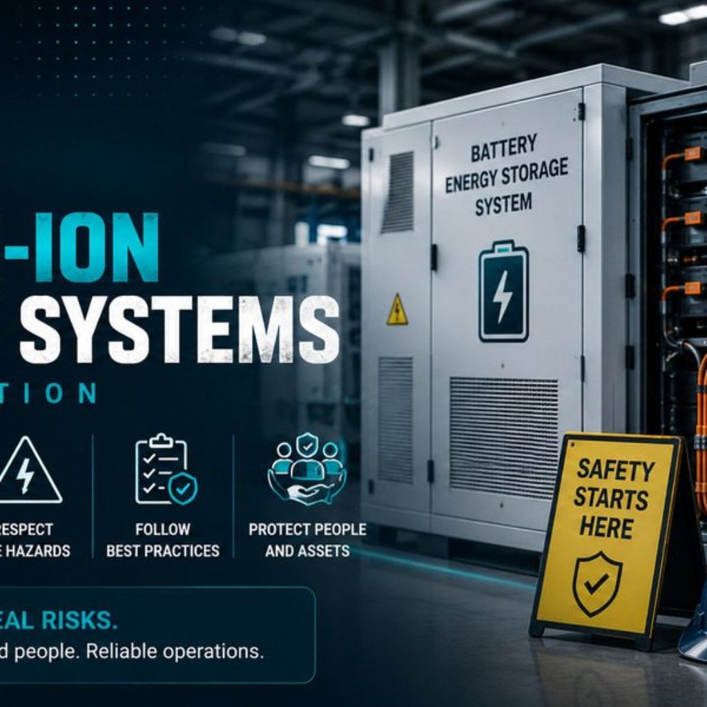 Large lithium-ion battery energy storage system in an industrial facility with electrical safety signage, hard hat, and protective equipment, representing the hazards and controls for large battery systems