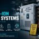 Large lithium-ion battery energy storage system in an industrial facility with electrical safety signage, hard hat, and protective equipment, representing the hazards and controls for large battery systems