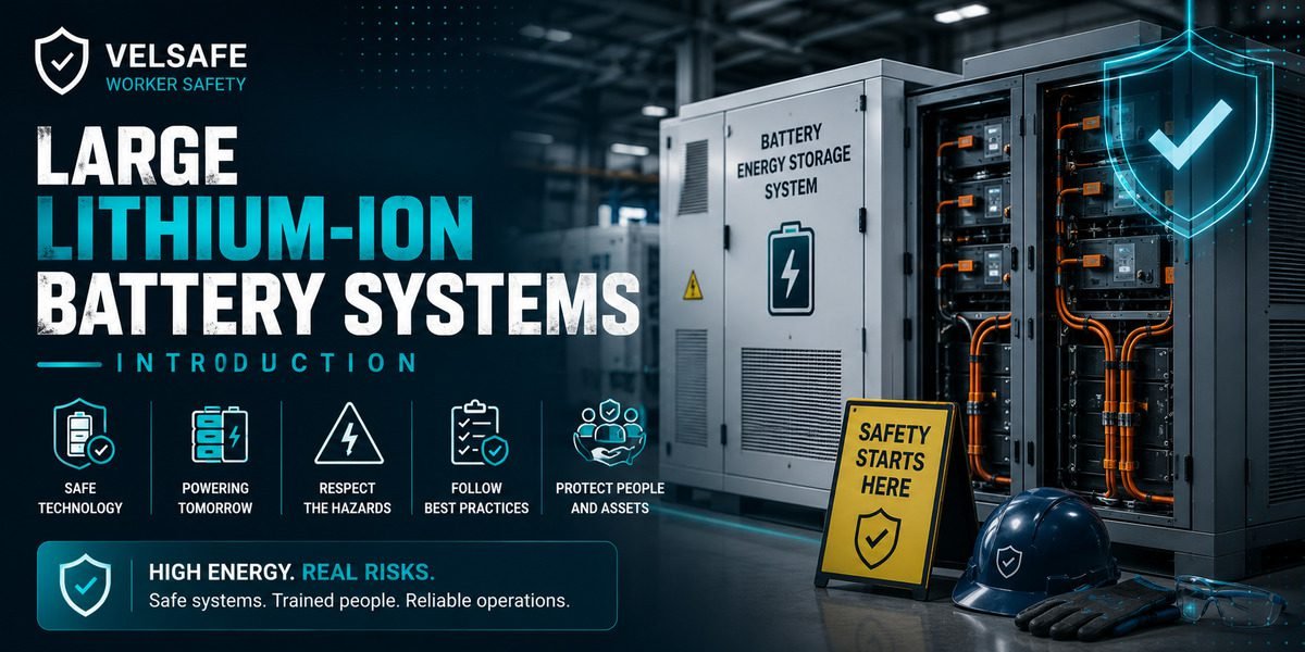 Large lithium-ion battery energy storage system in an industrial facility with electrical safety signage, hard hat, and protective equipment, representing the hazards and controls for large battery systems