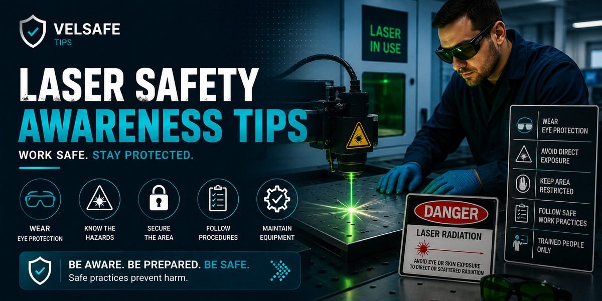Lab technician wearing laser safety goggles operating a laser machine with danger radiation warning sign