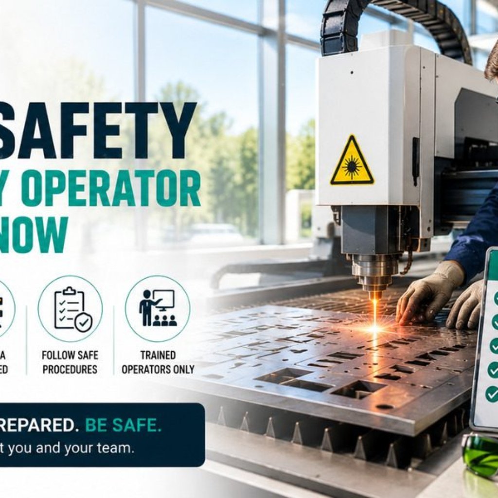 Laser machine operator wearing safety goggles working on a laser cutting machine with caution sign nearby