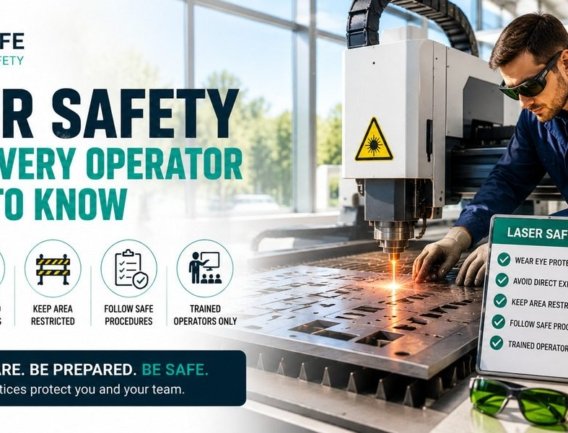 Laser machine operator wearing safety goggles working on a laser cutting machine with caution sign nearby