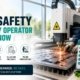 Laser machine operator wearing safety goggles working on a laser cutting machine with caution sign nearby