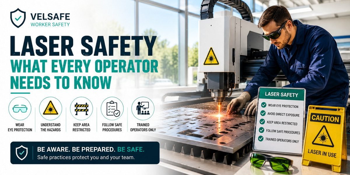 Laser machine operator wearing safety goggles working on a laser cutting machine with caution sign nearby