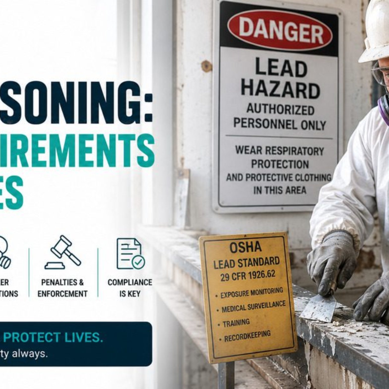Worker in PPE near lead hazard warning sign in an industrial workplace