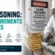 Worker in PPE near lead hazard warning sign in an industrial workplace