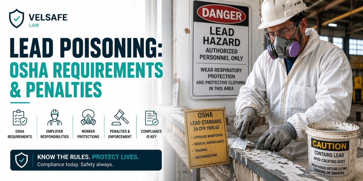 Worker in PPE near lead hazard warning sign in an industrial workplace