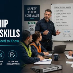 Workplace supervisor leading a safety meeting with workers in high-visibility vests at a table, with a whiteboard showing a safety meeting agenda including hazards, action items, and attendance