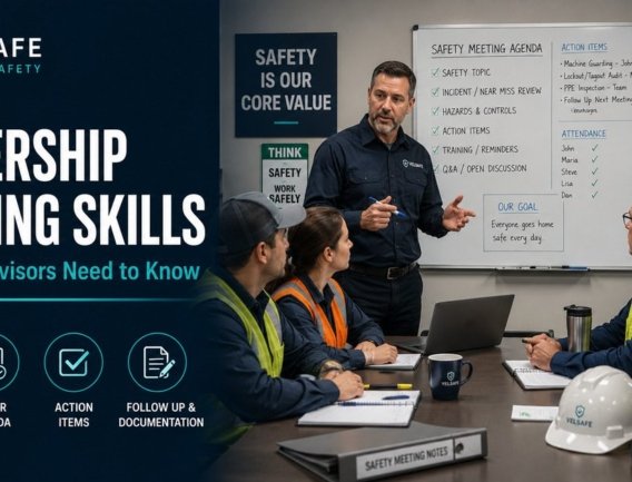 Workplace supervisor leading a safety meeting with workers in high-visibility vests at a table, with a whiteboard showing a safety meeting agenda including hazards, action items, and attendance