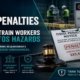 Legal penalties for failing to train workers on asbestos hazards featured image showing an OSHA Penalty Notice clipboard, gavel, respirator, and Danger Asbestos Hazard sign at a construction site, with a four-point panel showing OSHA citations, heavy fines, enforcement actions, and reputational damage consequences.