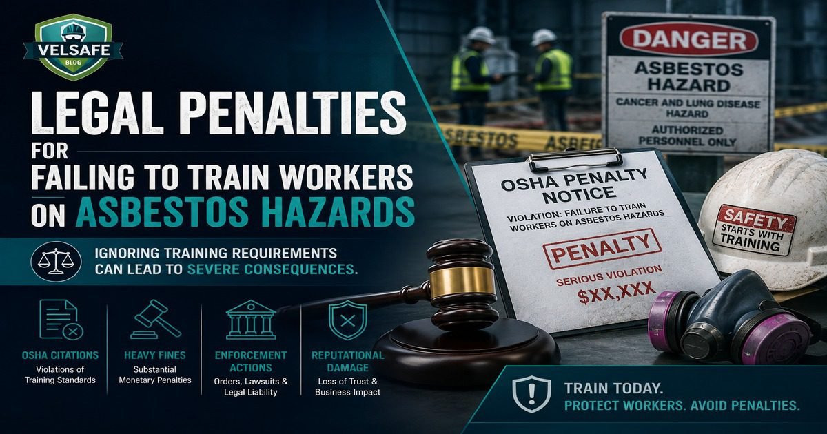Legal penalties for failing to train workers on asbestos hazards featured image showing an OSHA Penalty Notice clipboard, gavel, respirator, and Danger Asbestos Hazard sign at a construction site, with a four-point panel showing OSHA citations, heavy fines, enforcement actions, and reputational damage consequences.
