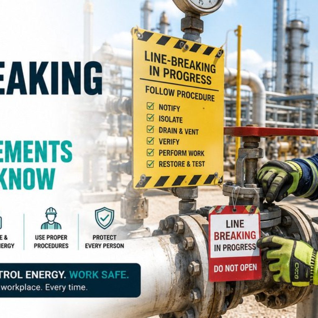 Worker in full PPE operating a valve during a line breaking procedure at an industrial facility