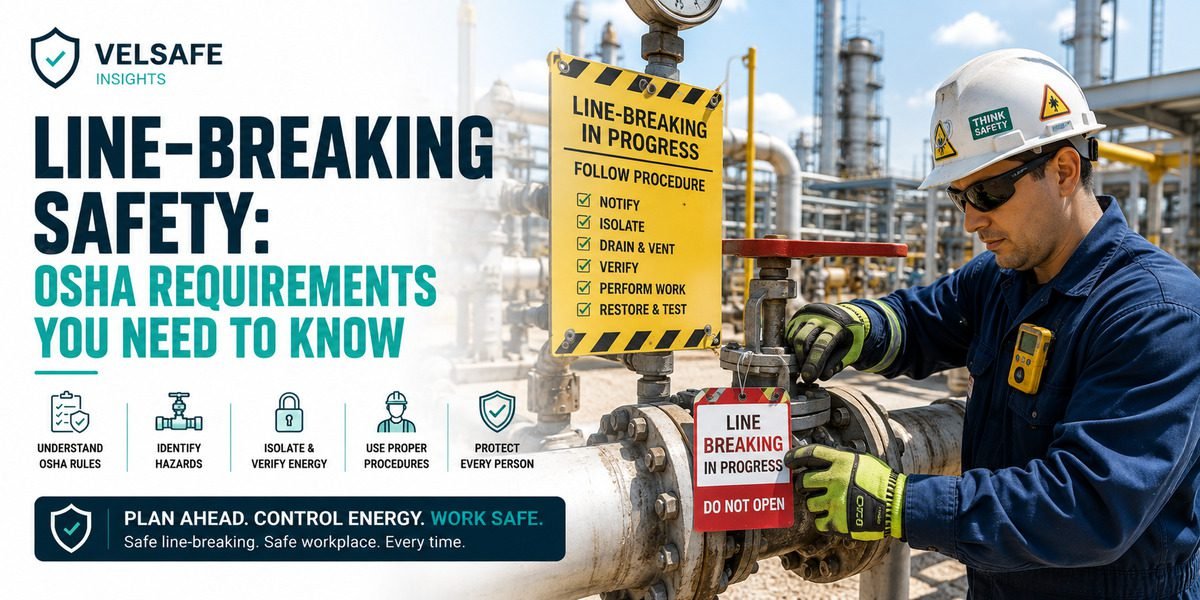 Worker in full PPE operating a valve during a line breaking procedure at an industrial facility