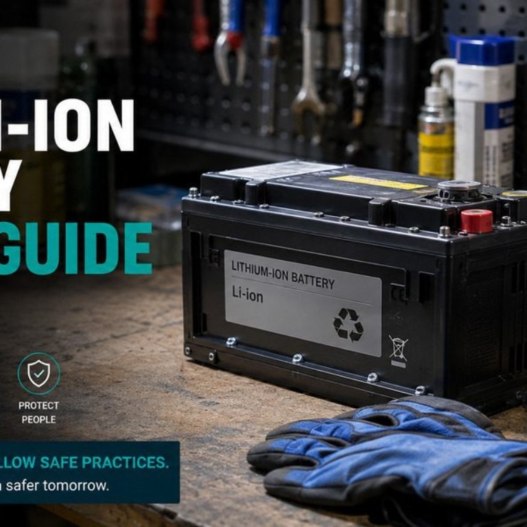 Lithium-ion battery on a workbench surrounded by safety gloves, protective glasses, and caution signage for lithium battery storage area, illustrating safe handling and storage controls