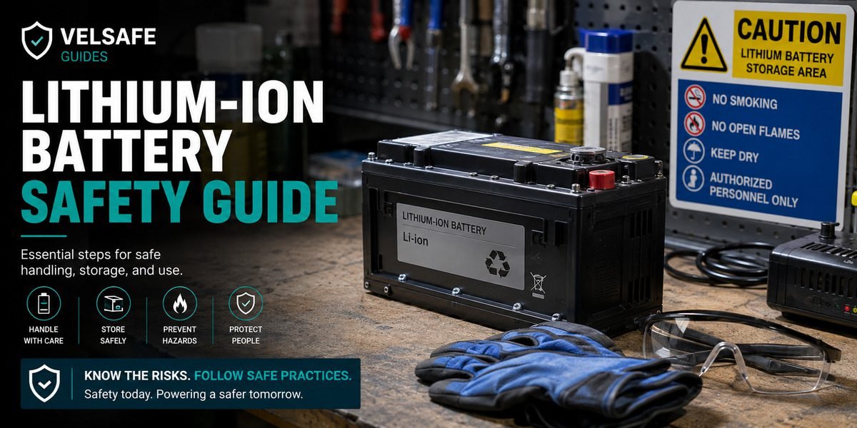 Lithium-ion battery on a workbench surrounded by safety gloves, protective glasses, and caution signage for lithium battery storage area, illustrating safe handling and storage controls