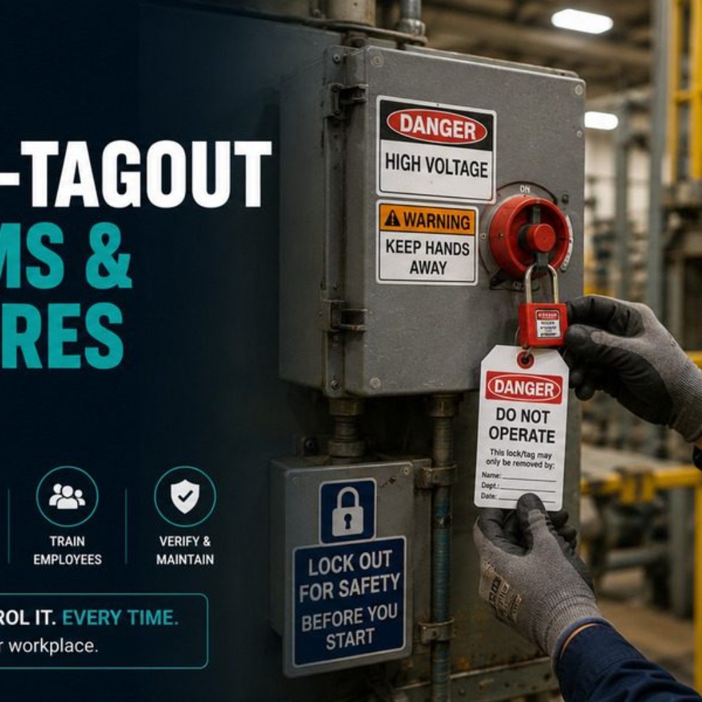 Industrial worker in PPE applying a lockout padlock and danger tagout tag to a high-voltage electrical panel during energy isolation procedures