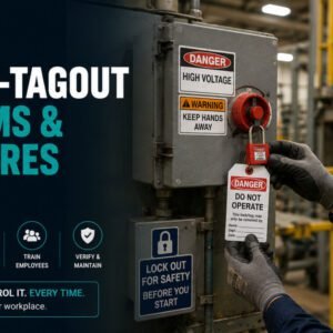 Industrial worker in PPE applying a lockout padlock and danger tagout tag to a high-voltage electrical panel during energy isolation procedures