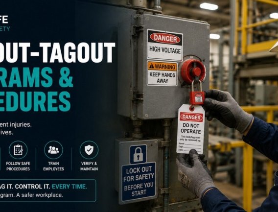 Industrial worker in PPE applying a lockout padlock and danger tagout tag to a high-voltage electrical panel during energy isolation procedures