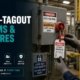 Industrial worker in PPE applying a lockout padlock and danger tagout tag to a high-voltage electrical panel during energy isolation procedures